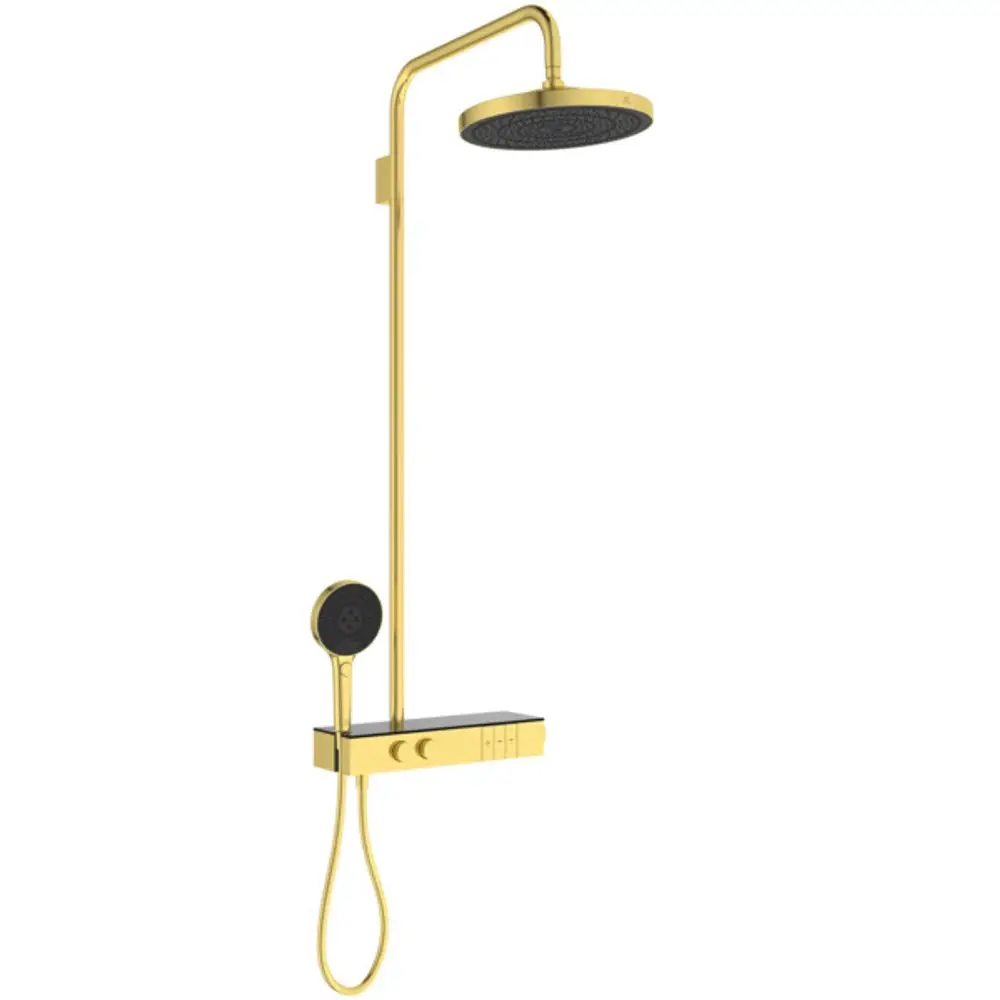 Duschsystem von Ideal Standard mit Brausethermostat in gebürstetem Gold. Es verfügt über eine obere Regenbrause und eine Handbrause.